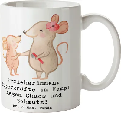 Produktbild von Mr. & Mrs. Panda Kaffeetasse Superheldin Erzieherin - Weiß - Geschenk, Vertrauen, Kampf gegen Chaos, Beruf, Kaffeebecher, für Erzieherinnen, kreative Geschenke, Becher
