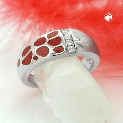 Produktbild von Gr. 58 - Ring 7mm rote Lackeinlage 4 Zirkonias glänzend rhodiniert Silber 925 Ringgröße 58