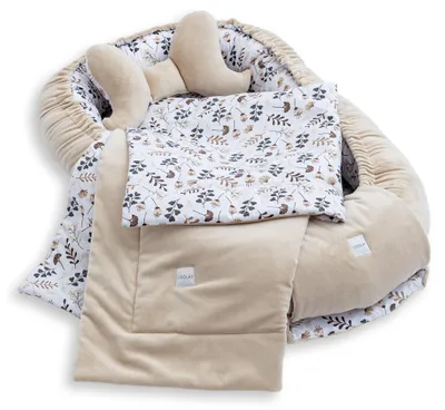 BABYNEST + DECKE + Kissen BEIGE Samt Velour/ Blumen Braun Baumwoll