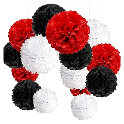 Produktbild von 15-teiliges Set bunte Pompoms aus Seidenpapier für Hochzeiten, Geburtstagsfeiern und Partys in Schwarz, Rot und Weiß