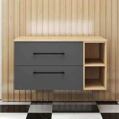 Produktbild von AICA Badezimmerschrank 100cm hängend ohne Aufsatz-Waschbecken,2 Softclose-Schubladen,Eiche/Dunkelgrau