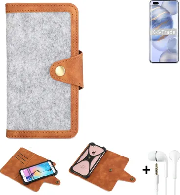 Produktbild von K-S-Trade Handyhülle + Kopfhörer kompatibel mit Huawei Honor 30 Pro+ Schutzhülle Filz Hülle Kunstleder hellgrau braun (1x)