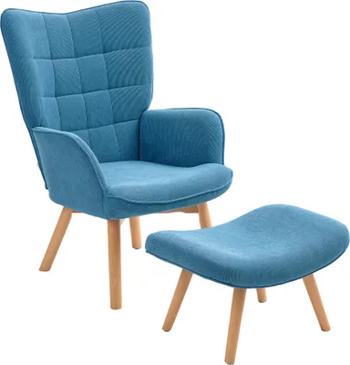 Produktbild von HOMCOM Sessel mit Hocker, Ohrensessel mit Hoher Rückenlehne, Holzbeine Cord Blau