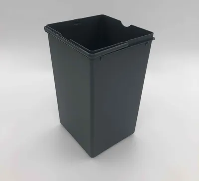 A dark gray plastic trash can insert is shown against a white background.