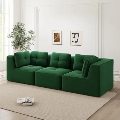 Productafbeelding van STILVORA: Modulair hoekbank zonder frame, met diepe zitplaatsen. Flexibel combineerbaar. Driezitter zonder armleuningen, met zachte corduroy bekleding, kleur: groen