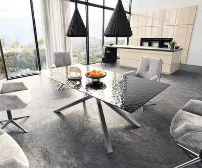 Produktbild von DELIFE Esstisch Edge 200x100 Reliefglas Rauchschwarz 3D-Design Kreuzgestell Rechteck Edelstahl