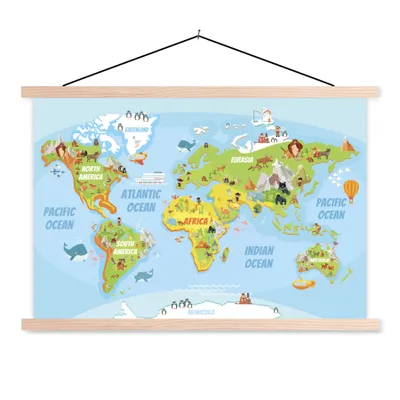 Obrázek produktu pro MuchoWow® Textilní plakát - Mapa světa - Děti - Zvířata - 60x40cm - S hnědými lamelami