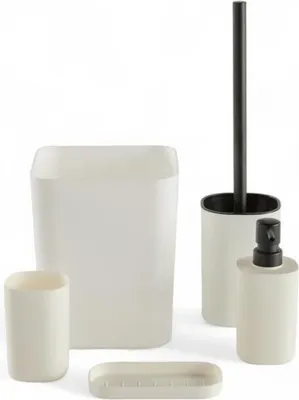 Immagine prodotto di Set di accessori da bagno 5 pezzi, dispenser per sapone, scopino per WC, cestino dei rifiuti, portaspazzolini, portasapone, plastica, bianco