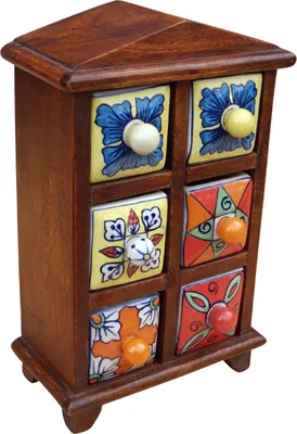 Produktbild von Apothekerschränkchen mit Bunten Keramik Schubfächern, Gewürzkiste - 2*3 Fächer Modell 2, Braun, Holz, 30*18*10 cm, Dosen, Boxen & Schatullen