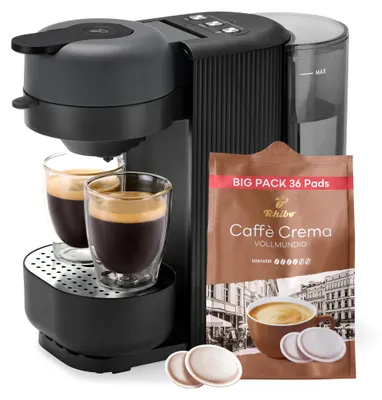 Produktbild von Tchibo Kaffeepadmaschine „CALL ME PAD“ inkl. 36 Kaffeepads Caffè Crema Vollmundig, mit Taste für To-Go Becher, für 2 Tassen, schnell und leise, automatische Abschaltfunktion, Schwarz
