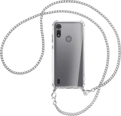 Produktbild von Handykette Backcover-Schutzhülle mit Band (Metall silberfarben) für Motorola Moto E6s - silberfarbene Kette