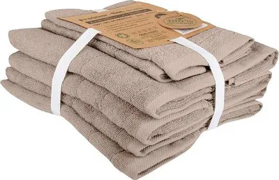 Productafbeelding van Unyqoos® Bio-Handdoekenset – 100% biologisch katoen, vrij van plastic & duurzaam, zacht & snel drogend, machinewasbaar, taupekleurig, set van 6 (2×30×50 cm + 4×50×90 cm)