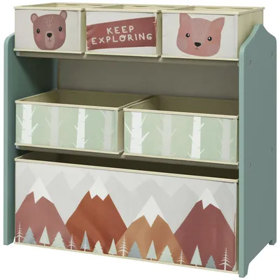 Image de Armoire pour enfants avec 6 boîtes de rangement en tissu | Couleur : Vert | Dimensions : 63 x 30 x 66 cm
