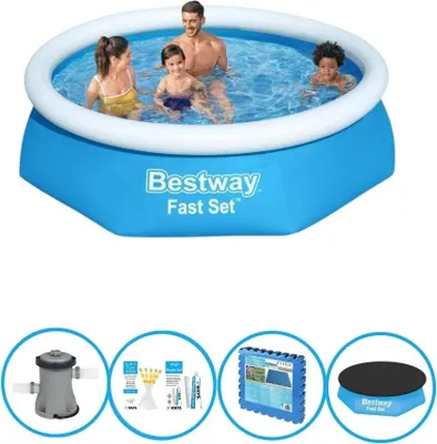 A collage of an inflatable pool and its accessories.