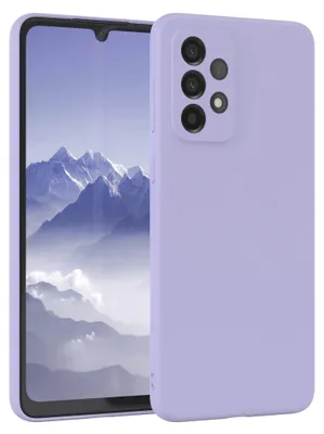 A purple phone case is shown next to a smartphone with a mountain landscape on its screen.