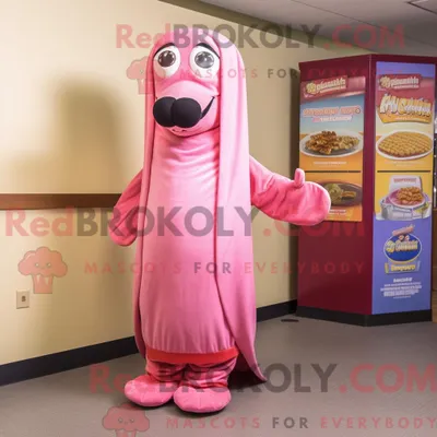 Produktbild von Maskottchen-Charakter REDBROKOLY eines rosa Hot Dogs gekleidet in ein Wickelkleid und Wraps