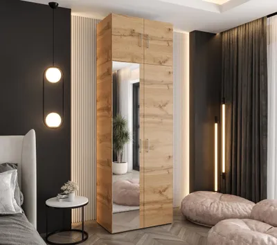 Produktbild von Drehtürenschrank 242x80x48 cm Eiche Wotan mit Spiegel und Aufsatz – Moderner Kleiderschrank mit viel Stauraum für Schlafzimmer und Flur