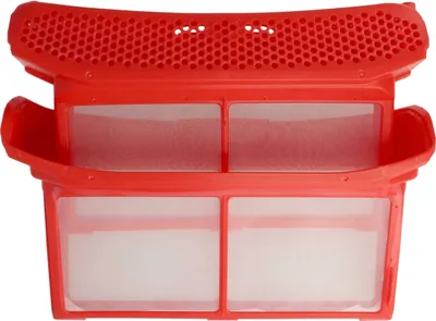 A red lint filter with white mesh compartments, isolated on a white background.