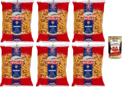 Produktbild von Divella Pasta 100% Italienisch Canneroni Rigati 21, Nudeln aus Hartweizengrieß, Kochen 9 Minuten 6x 500g + Italian Gourmet polpa 400g