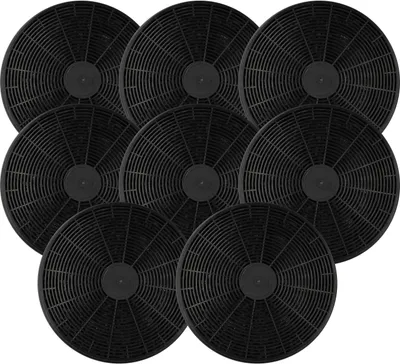A group of circular, black charcoal filters arranged on a white background.