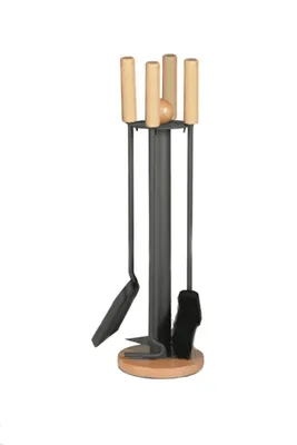 Produktbild von Kaminbesteck Kamingarnitur Kaminzubehör anthrazit Holzgriffe Holzplatte