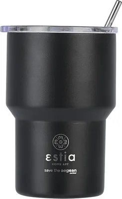 Produktbild von ESTIA | Isolierbecher - 400 ml - schwarzer Thermobecher - mit Strohhalm und Dichter Deckel