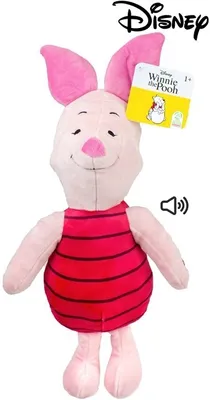 A plush toy of Piglet from Winnie the Pooh, standing against a white background.