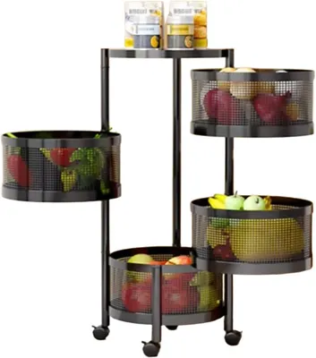 Produktbild von Drehbares Küchenregal 4-stufig Schwarz – Aufbewahrungswagen mit herausnehmbaren Körben – Obst & Gemüse Organizer