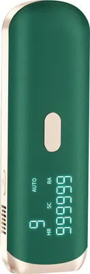 A close-up studio shot of a green electronic device.