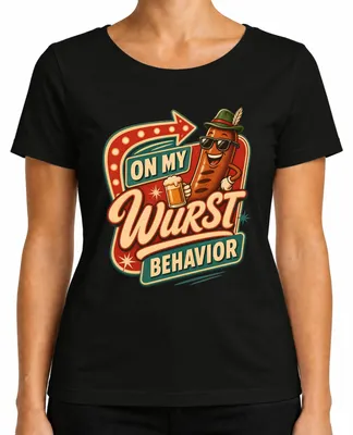 Imagen del producto de Camiseta "On My Wurst Behavior" con diseño de bratwurst, cerveza, camisa tradicional, pantalones de cuero, vestido tradicional, camiseta para mujer, color negro, talla XL