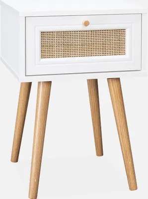 Produktbild von sweeek - Nachttisch mit Holzeffekt und Rattan-Geflecht, 1 Schublade - Blanc cassé