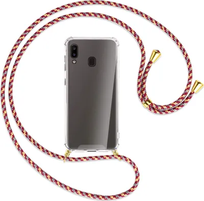 Produktbild von Handykette Backcover-Schutzhülle mit Band (Metall goldfarben) für Samsung Galaxy A20e - weinrot/gelb/grau