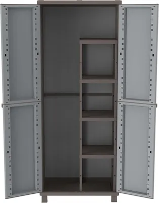 Image de Armoire en plastique - Armoire de rangement - Armoire de jardin - Coffre de rangement - Armoire de cellier - Portes imitation bois - Étagères réglables