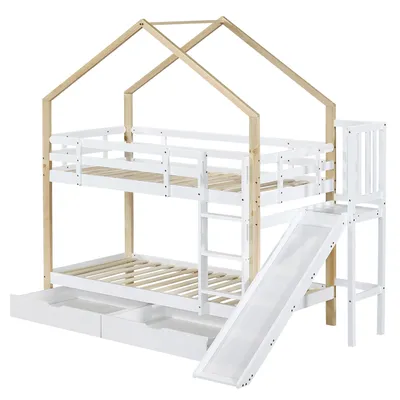 Produktbild von Flieks Etagenbett mit Rausfallschutz, Kinderbett mit Rutsche und Leiter, Hochbett mit 2 Schubladen, Hausbett Massivholzbett Stockbett 90x200cm, Weiß