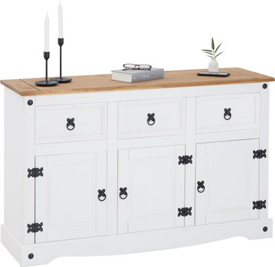 Sideboard CAMPO im Mexiko Stil Kommode Kiefer massiv weiß  mit 3 Schubladen und 3 Türen Buffetschrank Geschirrschrank