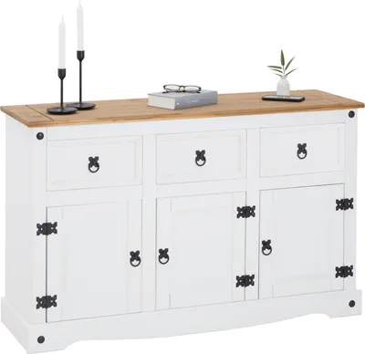 Produktbild von Sideboard CAMPO im Mexiko Stil Kommode Kiefer massiv weiß  mit 3 Schubladen und 3 Türen Buffetschrank Geschirrschrank