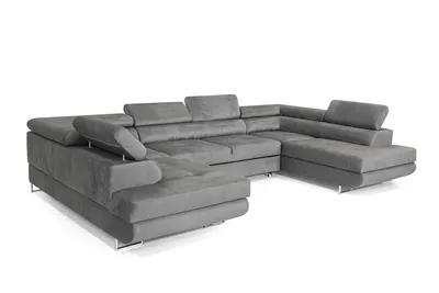 A grey sectional sofa is shown against a white background.