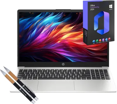 A laptop computer with a colorful abstract wallpaper on its screen, accompanied by a box of Microsoft Office software and two pens.