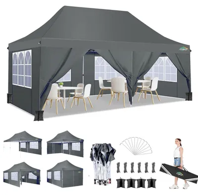Image de Pavillon de jardin 3x6 mètres, imperméable, avec 6 panneaux latéraux, de couleur gris foncé