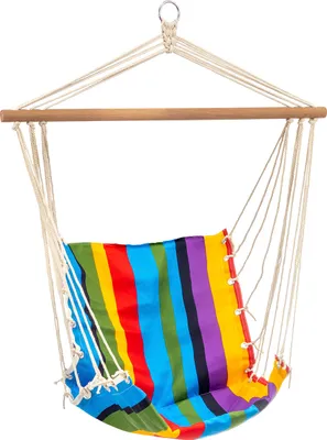 A colorful striped hanging chair suspended from a wooden bar and metal ring.