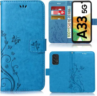 Produktbild von Handy Tasche für Samsung Galaxy A33 5G Schutz Hülle Handyhülle mit Blumenmuster Klapp Hülle mit Standfunktion und Kartenfächer Blau