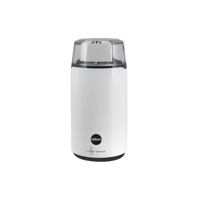 A white electric coffee grinder with a transparent lid, shown from the front.