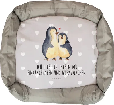 Produktbild von Mr. & Mrs. Panda Katzensofa Pinguine Einschlafen - Grau Pastell - Geschenk, Mitbringsel, Katzenkissen, Plüschbett, Freundin, für Männer, Valentinstag, Hochzeitstag