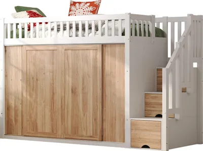 Produktbild von Merax Hochbett Kinderbett 90x200 mit Kleiderschrank und Treppenschrank, Holzbett mit bunte LED-Lichtleiste, Etagenbett multifunktional, Weiß/Eiche