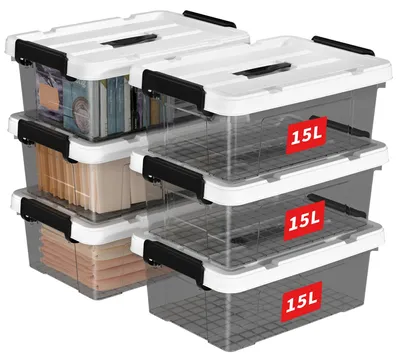 Produktbild von Cetomo 15L*6 Aufbewahrungsboxen, Tragbare Plastikboxen mit Deckeln, Organizer-Behälter mit Griff und Clips, Stapelbar, Ineinander Nestbar, für Zuhause und Büro, Transparent schwarz, 15L-6er Pack