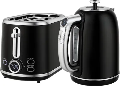 A black kettle and toaster set with silver accents is shown against a white background.