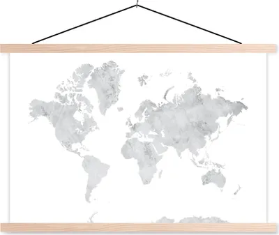 Produktbild von MuchoWow® Textilposter Weltkarte - Grau - Marmor 120x80 cm mit holzfarbenen Rahmen - Aufhängeset
