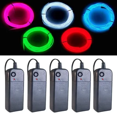 Productafbeelding van EL Wire 5 kleuren - Set van 5 - 2,7 m neon lichtdraad - Ruisonderdrukking met batterijpakket groen - Blauw - Rood - Wit