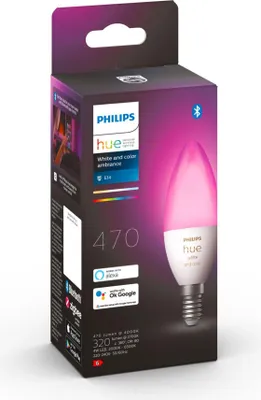 A product box for a Philips Hue LED candle light bulb.