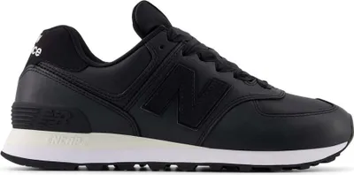 A studio shot of a single black New Balance sneaker.